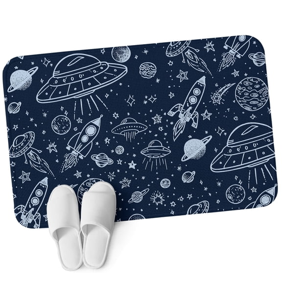 Front Door Mat 15.7"x23.6", Navy Blue Cartoon Space Non Slip Backing & Low Profile Doormats, Absorbent Muddy Dirt Trapper Door Mats for Front Back Door All-Weather Star Spacecraft Rocket Meteorite
