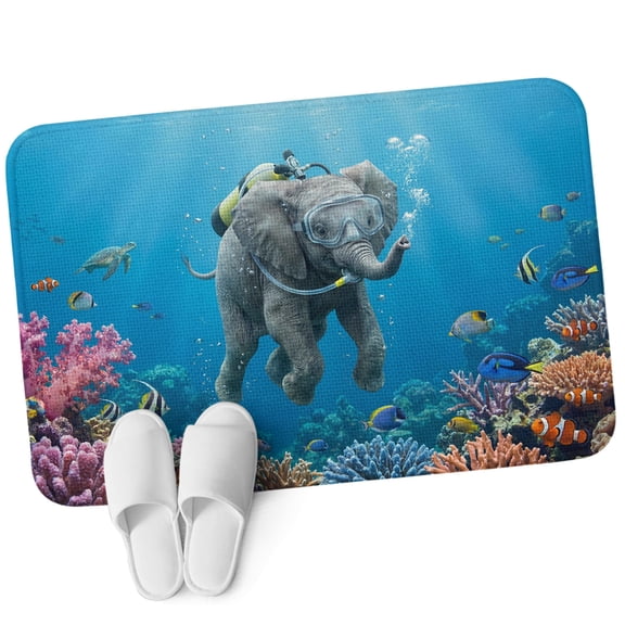 Front Door Mat 15.7"x23.6", Ocean Diving Elephant Non Slip Backing & Low Profile Doormats, Absorbent Muddy Dirt Trapper Door Mats for Front Back Door All-Weather Blue Coastal Coral Fish Marine Life