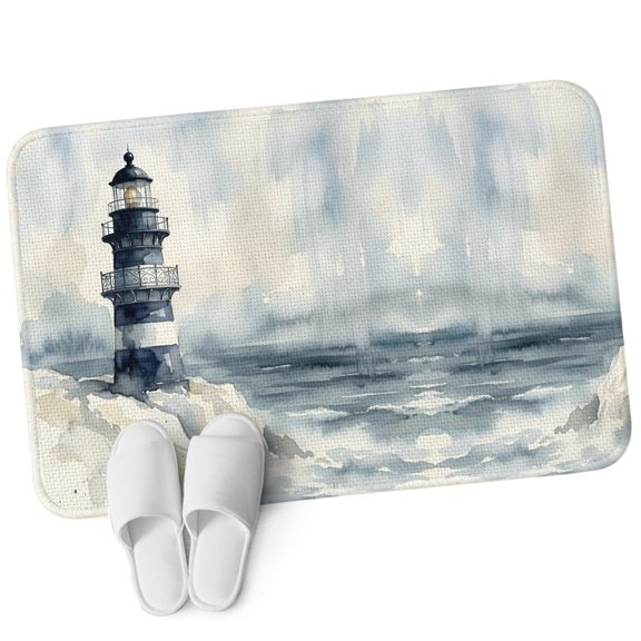 Front Door Mat 15.7"x23.6", Ocean Lighthouse Non Slip Backing & Low Profile Doormats, Absorbent Muddy Dirt Trapper Door Mats for Front Back Door All-Weather Watercolor Blue Sea Waves Coastal Foggy