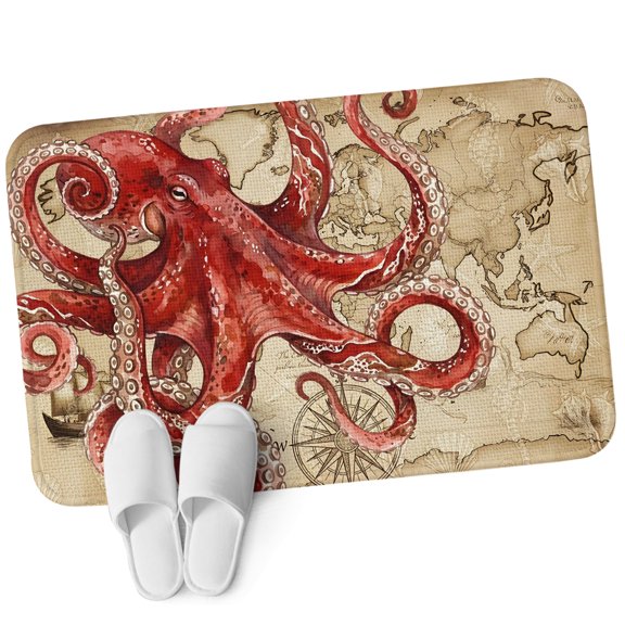 Front Door Mat 15.7"x23.6", Ocean Red Octopus Non Slip Backing & Low Profile Doormats, Absorbent Muddy Dirt Trapper Door Mats for Front Back Door All-Weather Coastal Anchor Sea Boat Retro World Map