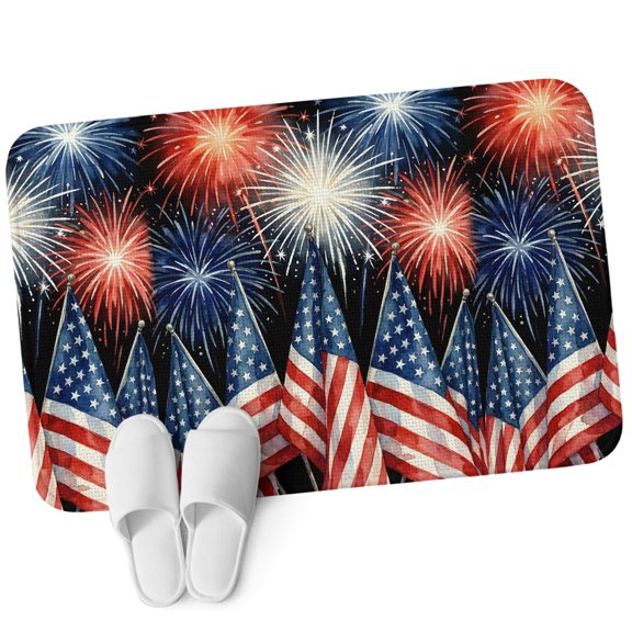 Front Door Mat 15.7"x23.6", Patriotic USA Flag Non Slip Backing & Low Profile Doormats, Absorbent Muddy Dirt Trapper Door Mats for Front Back Door All-Weather Blue Red Fireworks Independence Day