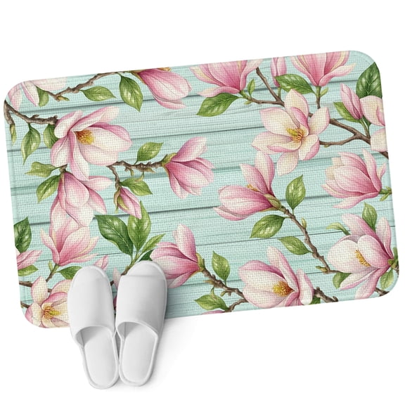Front Door Mat 15.7"x23.6", Pink Magnolia Non Slip Backing & Low Profile Doormats, Absorbent Muddy Dirt Trapper Door Mats for Front Back Door All-Weather Rustic Botanical Budding Flowers Aqua Wooden