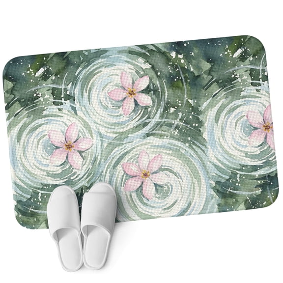 Front Door Mat 15.7"x23.6", Pond Lotus Non Slip Backing Low Profile Doormats, Absorbent Muddy Dirt Trapper Door Mats for Front Back Door All-Weather Watercolor Pink Flowers Country Rustic Green Leaf