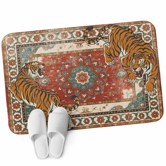 Front Door Mat 15.7"x23.6", Retro Tiger Non Slip Backing & Low Profile Doormats, Absorbent Muddy Dirt Trapper Door Mats for Front Back Door All-Weather Wild Animals Orange Red Ethnic Tribal Geometric
