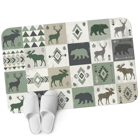 Front Door Mat 15.7"x23.6", Sage Green Moose Non Slip Backing & Low Profile Doormats, Absorbent Muddy Dirt Trapper Door Mats for Front Back Door Entryway All-Weather Checkered Vintage Art Animals