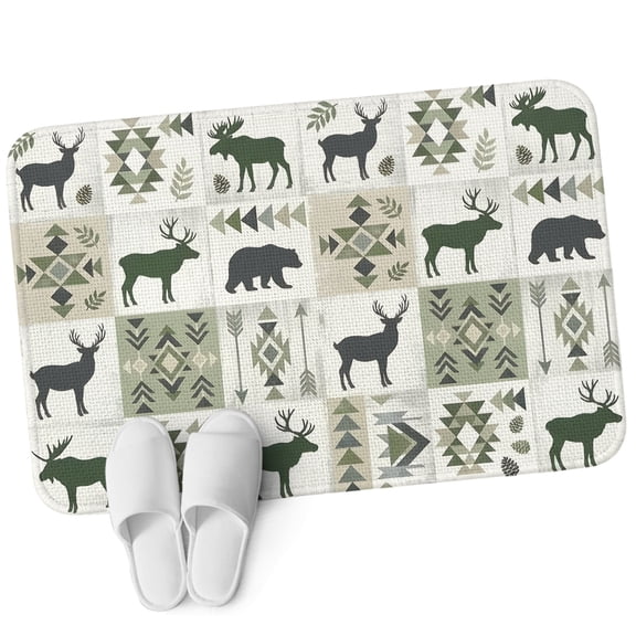 Front Door Mat 15.7"x23.6", Sage Green Moose Non Slip Backing & Low Profile Doormats, Absorbent Muddy Dirt Trapper Door Mats for Front Back Door Entryway All-Weather Animals Checkered Vintage Art