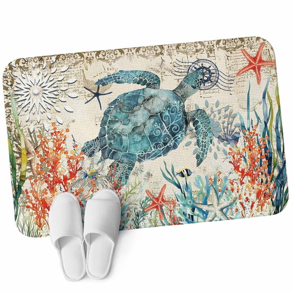 Front Door Mat 15.7"x23.6", Sea Turtle Coastal Non Slip Backing & Low Profile Doormats, Absorbent Muddy Dirt Trapper Door Mats for Front Back Door Entryway Vintage Beach Coral Starfish Nautical