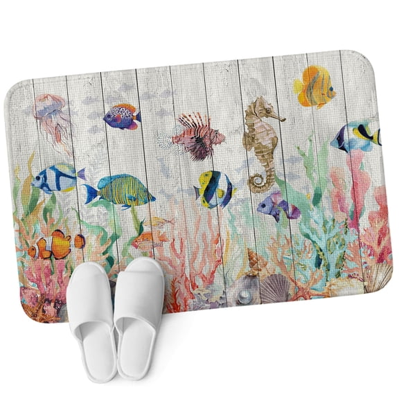 Front Door Mat 15.7"x23.6", Seahorse Coastal Non Slip Backing & Low Profile Doormats, Absorbent Muddy Dirt Trapper Door Mats for Front Back Door All-Weather Nautical Ocean Summer Beach Coral Wooden