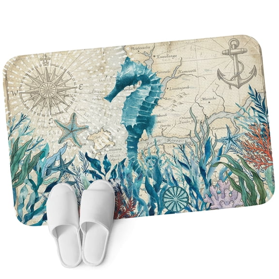 Front Door Mat 15.7"x23.6", Seahorse Coastal Non Slip Backing & Low Profile Doormats, Absorbent Muddy Dirt Trapper Door Mats for Front Back Door All-Weather Summer Beach Coral Seaweed Vintage