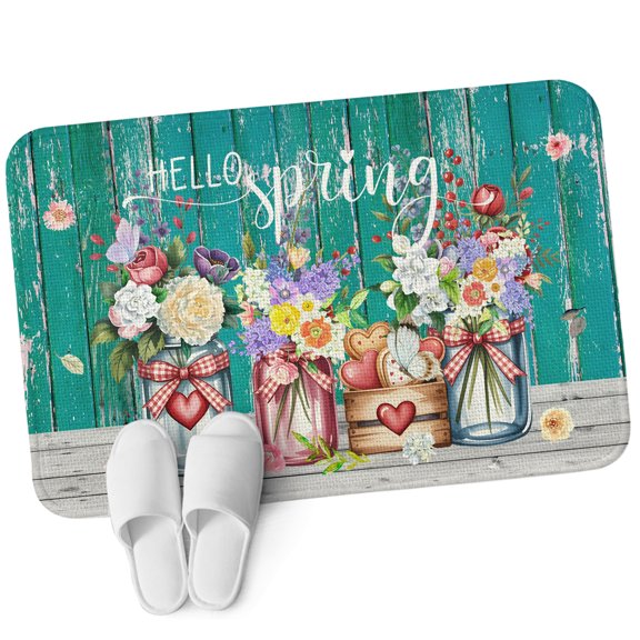 Front Door Mat 15.7"x23.6", Spring Flowers Non Slip Backing & Low Profile Doormats, Absorbent Muddy Dirt Trapper Door Mats for Front Back Door All-Weather Farmhouse Watercolor Teal Wood Grain
