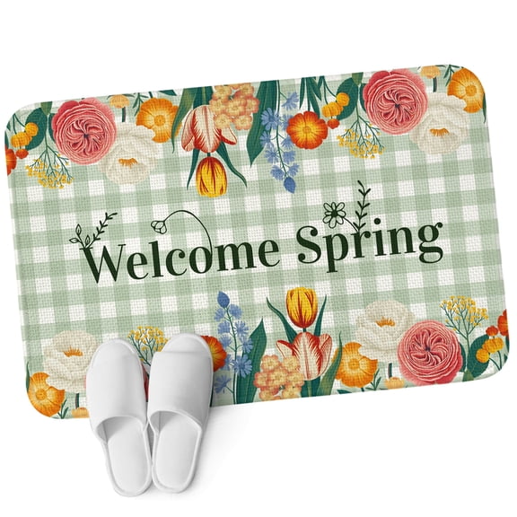 Front Door Mat 15.7"x23.6", Spring Flowers Non Slip Backing & Low Profile Doormats, Absorbent Muddy Dirt Trapper Door Mats for Front Back Door All-Weather Seasonal Botanical Garden Florals Plaid