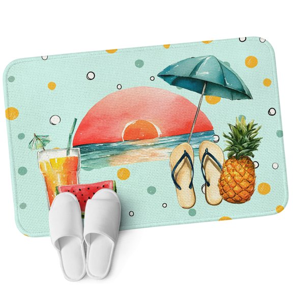 Front Door Mat 15.7"x23.6", Summer Beach Non Slip Backing & Low Profile Doormats, Absorbent Muddy Dirt Trapper Door Mats for Front Back Door All-Weather Tropical Fruits Polka Dots Sunset Mint Green