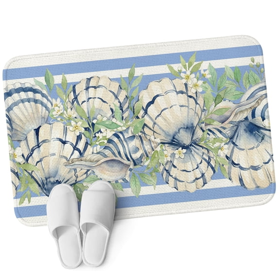 Front Door Mat 15.7"x23.6", Summer Blue Conch Non Slip Backing & Low Profile Doormats, Absorbent Muddy Dirt Trapper Door Mats for Front Back Door All-Weather Beach Coastal Leaves Retro Floral