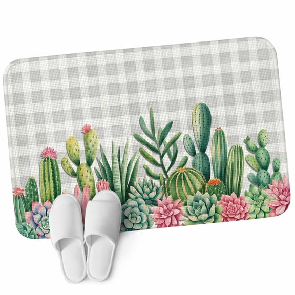 Front Door Mat 15.7"x23.6", Summer Botanical Non Slip Backing & Low Profile Doormats, Absorbent Muddy Dirt Trapper Door Mats for Front Back Door All-Weather Tropical Cactus Succulents Gray Plaid