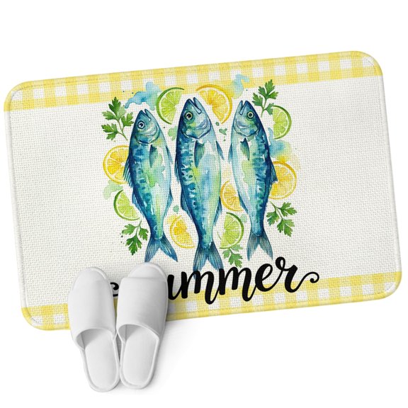 Front Door Mat 15.7"x23.6", Summer Farmhouse Non Slip Backing & Low Profile Doormats, Absorbent Muddy Dirt Trapper Door Mats for Front Back Door All-Weather Blue Fish Lemon Mint Leaves Yellow Plaid
