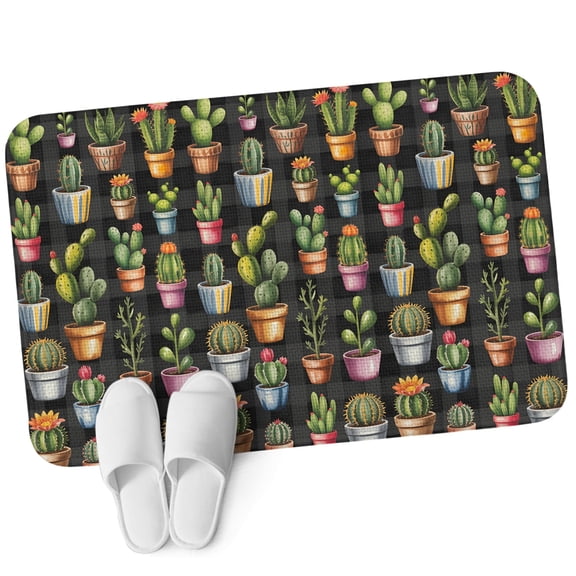 Front Door Mat 15.7"x23.6", Tropical Cactus Non Slip Backing & Low Profile Doormats, Absorbent Muddy Dirt Trapper Door Mats for Front Back Door All-Weather Spring Summer Potted Plants Black Plaid