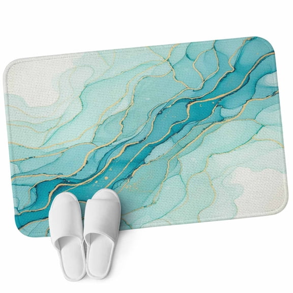 Front Door Mat 15.7"x23.6", Turquoise Ombre Marble Non Slip Backing & Low Profile Doormats, Absorbent Muddy Dirt Trapper Door Mats for Front Back Door All-Weather Modern Abstract Art Marble Fluid