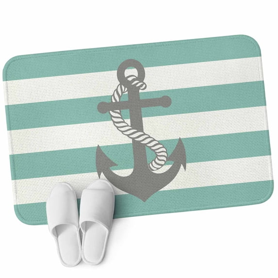 Front Door Mat 15.7"x23.6", Turquoise Stripe Nautical Non Slip Backing & Low Profile Doormats, Absorbent Muddy Dirt Trapper Door Mats for Front Back Door Entryway Grey Anchor Summer Coastal