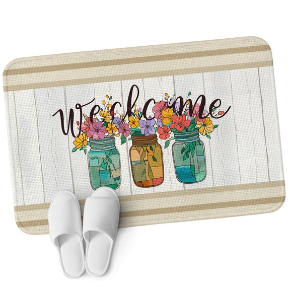 Front Door Mat 15.7"x23.6", Watercolor Floral Non Slip Backing & Low Profile Doormats, Absorbent Muddy Dirt Trapper Door Mats for Front Back Door All-Weather Spring Flowers Bouquet Vases Wooden Beige