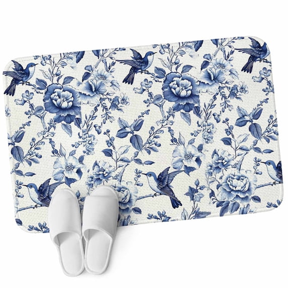 Front Door Mat 15.7"x23.6", White Blue Spring Floral Non Slip Backing & Low Profile Doormats, Absorbent Muddy Dirt Trapper Door Mats for Front Back Door Entryway Summer Botanical Hummingbird
