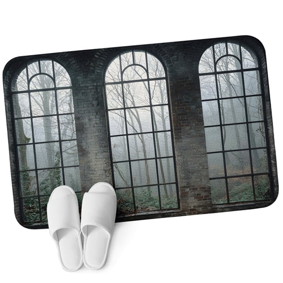 Front Door Mat 15.7"x23.6", Window Forest Non Slip Backing & Low Profile Doormats, Absorbent Muddy Dirt Trapper Door Mats for Front Back Door Entryway All-Weather Vintage Arched Black Green