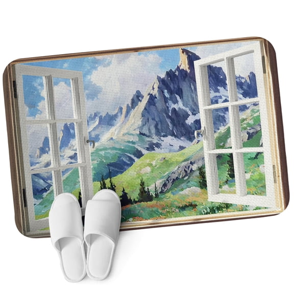 Front Door Mat 15.7"x23.6", Window Mountain View Non Slip Backing & Low Profile Doormats, Absorbent Muddy Dirt Trapper Door Mats for Front Back Door All-Weather Nature Scenic Lush Alpine Valley
