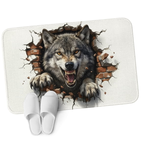 Front Door Mat 15.7"x23.6", Wolf Non Slip Backing & Low Profile Doormats, Absorbent Muddy Dirt Trapper Door Mats for Front Back Door Entryway All-Weather Animal Broken Wall Dynamic Angry Expression