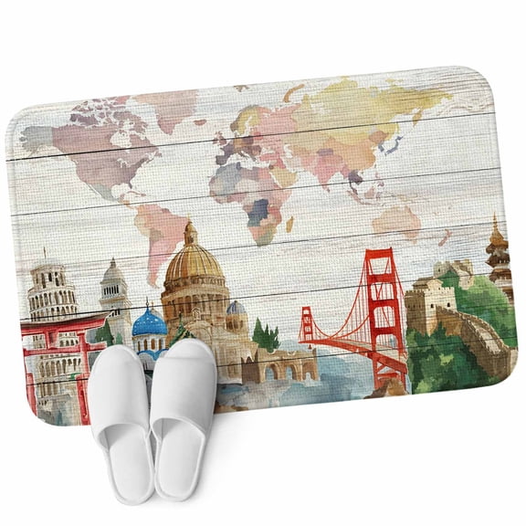 Front Door Mat 15.7"x23.6", World Map Non Slip Backing & Low Profile Doormats, Absorbent Muddy Dirt Trapper Door Mats for Front Back Door Entryway Country Famous Building Tourism Bridge Wooden