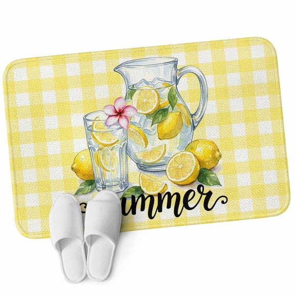 Front Door Mat 15.7"x23.6", Yellow Lemon Non Slip Backing Low Profile Doormats, Absorbent Muddy Dirt Trapper Door Mats for Front Back Door Summer Fruit Drinks Glass Bottles Mint Leaf Plaid