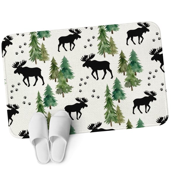 Front Door Mat 19.7"x31.5", Black Green Moose Non Slip Backing & Low Profile Doormats, Absorbent Muddy Dirt Trapper Door Mats for Front Back Door Entryway All-Weather Modern Animals Trees Watercolor
