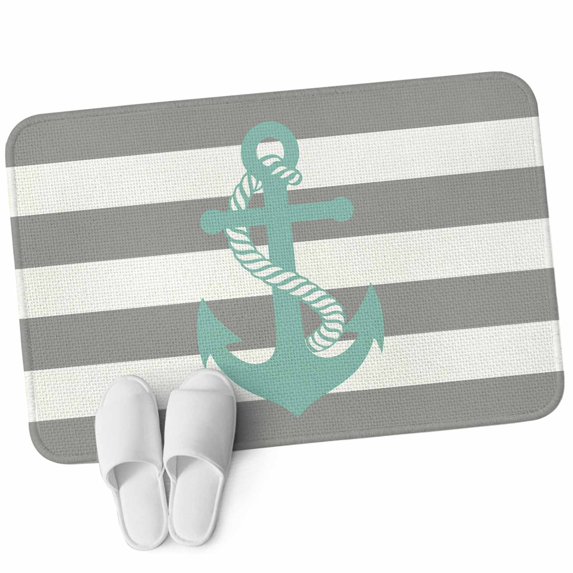 Front Door Mat 19.7"x31.5", Nautical Anchor Non Slip Backing & Low Profile Doormats, Absorbent Muddy Dirt Trapper Door Mats for Front Back Door Entryway Turquoise Grey White Horizontal Stripe