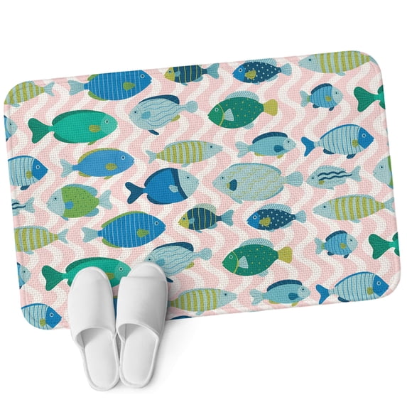 Front Door Mat 19.7"x31.5", Pink Fishes Non Slip Backing & Low Profile Doormats, Absorbent Muddy Dirt Trapper Door Mats for Front Back Door Entryway All-Weather Cartoon Coastal Ocean Fish Striped