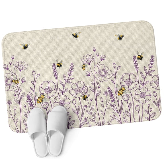 Front Door Mat 19.7"x31.5", Spring Flowers Non Slip Backing & Low Profile Doormats, Absorbent Muddy Dirt Trapper Door Mats for Front Back Door All-Weather Farmhouse Botanical Purple Floral Bees