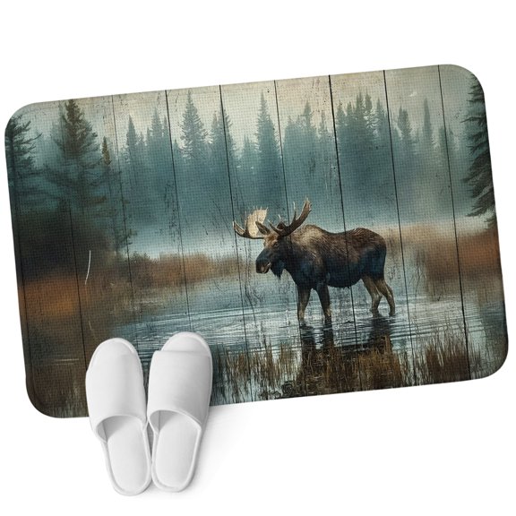 Front Door Mat 19.7"x31.5", Vintage Moose Non Slip Backing & Low Profile Doormats, Absorbent Muddy Dirt Trapper Door Mats for Front Back Door Entryway All-Weather Retro Animals Wooden Brown