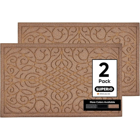Front Door Mat, 2-Pack Rubber Mat, Indoor Outdoor Rug, Easy Clean Doormat, Welcome Mat, Entryway Rug, Non-Slip Mat, Patio, Garage, Waterproof, Mat, Low Profile,18x30, Natural, Victorian Gate