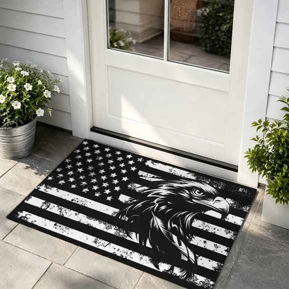 Front Door Mat, American Flag Door Mat Outside Entrance TPR Backing, Black US Flag Eagle Washable Non Slip Entryway Rug for Kitchen Indoor/Outdoor 16x24 Inch