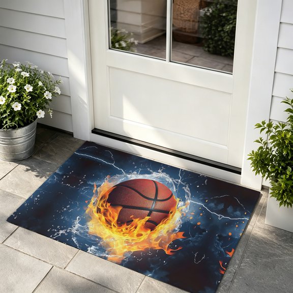 Front Door Mat, Basketball Door Mat Outside Entrance TPR Backing, Blue Red Water Fire Splashing Washable Non Slip Entryway Rug for Kitchen Indoor/Outdoor 16x24 Inch