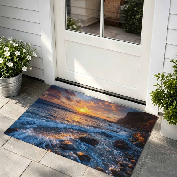 Front Door Mat, Beach Reef Indoor Door Mats for Entryway TPR Backing Non Slip Mats, Beach Sunset Ocean Waves Natural Scenery Absorbent Kitchen Floor Mat, Washable Entryway Rugs 16x24 Inch