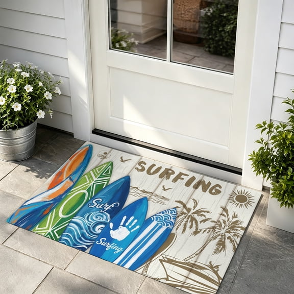 Front Door Mat, Beach Surfboard Indoor Door Mats for Entryway TPR Backing Non Slip Mats, Summer Sea Surfing Tropical Botanical Tree Absorbent Kitchen Floor Mat, Washable Entryway Rugs 16x24 Inch