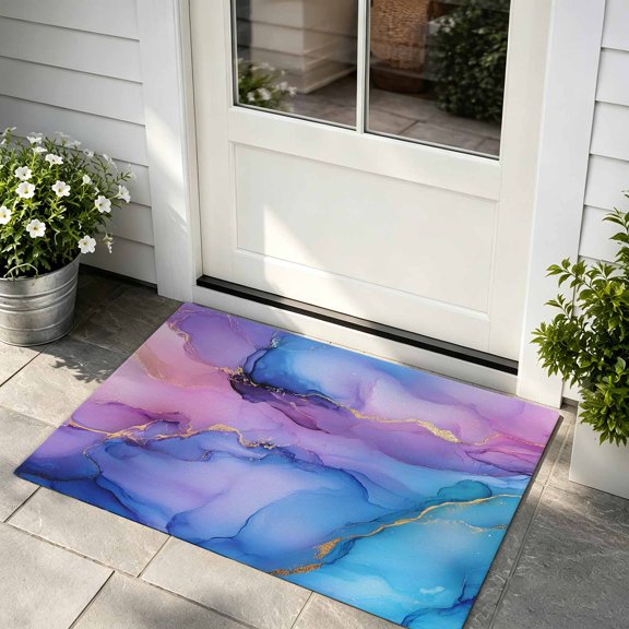 Front Door Mat, Blue Purple Ombre Indoor Door Mats for Entryway TPR Backing Non Slip Mats, Marble Modern Ink Painted Abstract Absorbent Kitchen Floor Mat, Washable Entryway Rugs 24x36 Inch