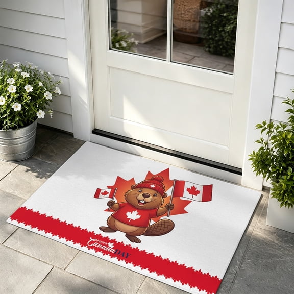 Front Door Mat, Canada Beavers Door Mat Outside Entrance TPR Backing, Modern Chic Maple Leaf Red Brown Washable Non Slip Entryway Rug for Kitchen Indoor/Outdoor 16x24 Inch