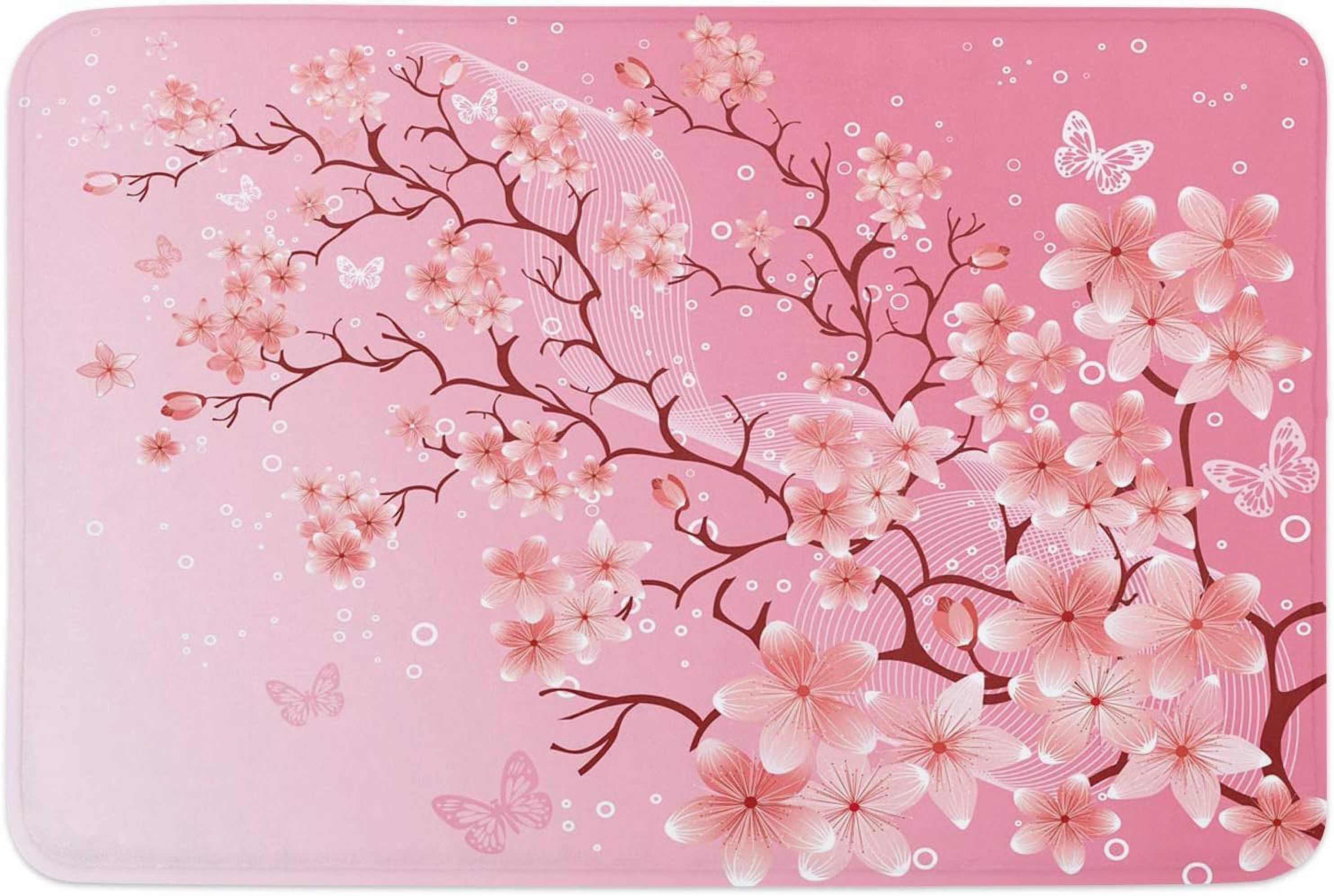 Front Door Mat Cherry Blossom Pink Flower Branch Butterfly Entrance