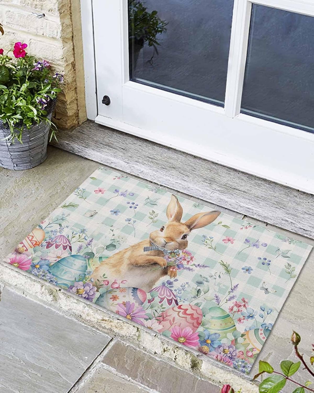 Front Door Mat, Easter Eggs Bunny Spring Flowers Leaves Green and White