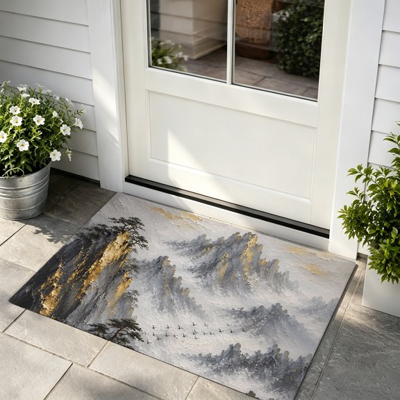 Front Door Mat, Golden Peaks Mountains Door Mat Outside Entrance TPR Backing, Misty Clouds Pine Trees Washable Non Slip Entryway Rug for Kitchen Indoor/Outdoor 16x24 Inch