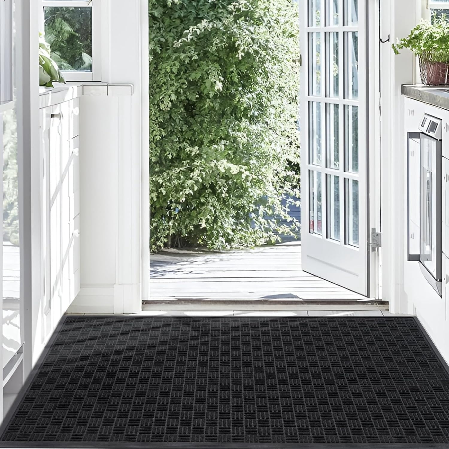 Front Door Mat, Heavy Duty Durable Welcome Mat for Outdoor Indoor, Dirt Trapper Waterproof Super Absorbent Door Mat for Entryway Outside Patio Porch, 61.5" x 36", Black