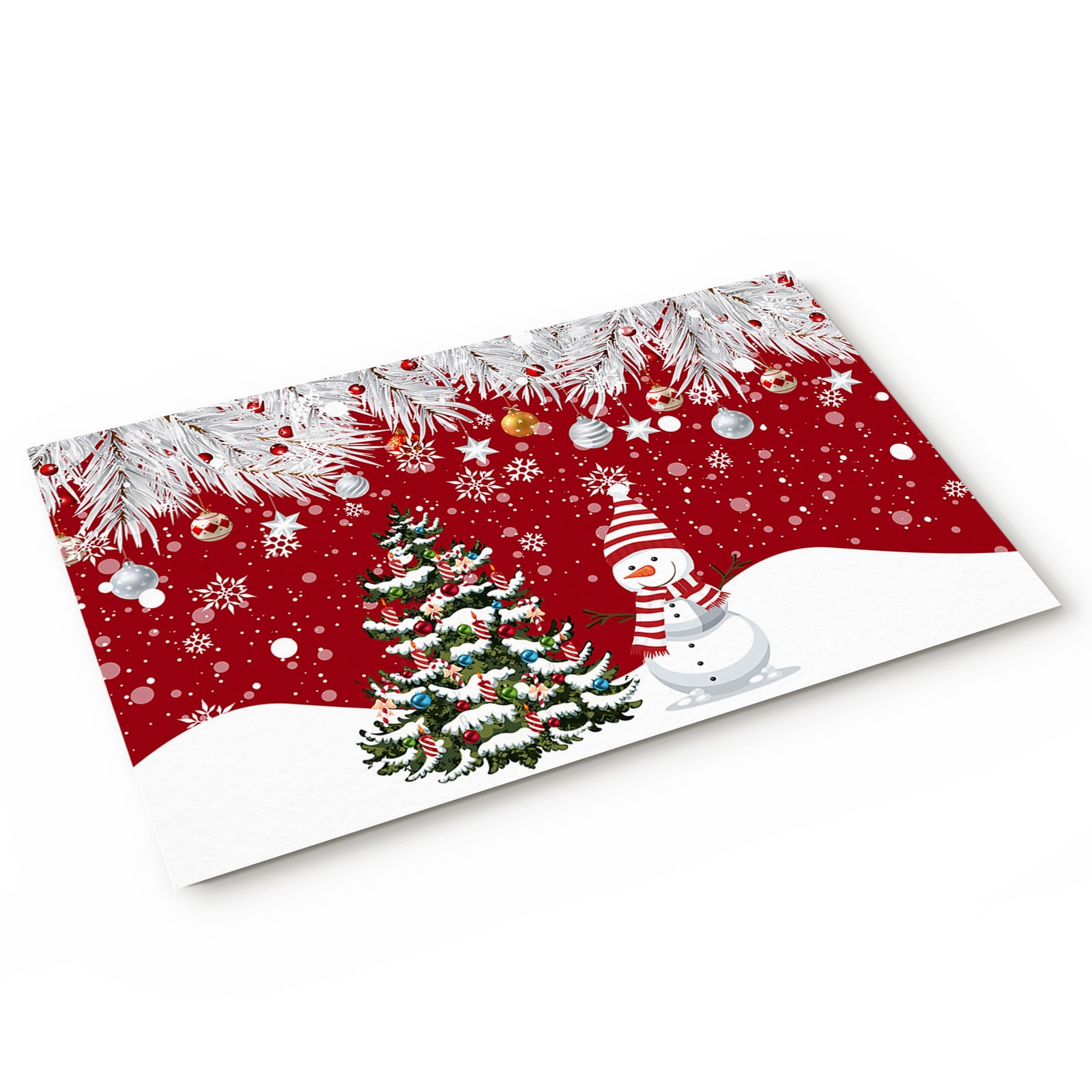 Front Door Mat Indoor Entrance, Christmas Snowman Winter Xmas Tree Pine