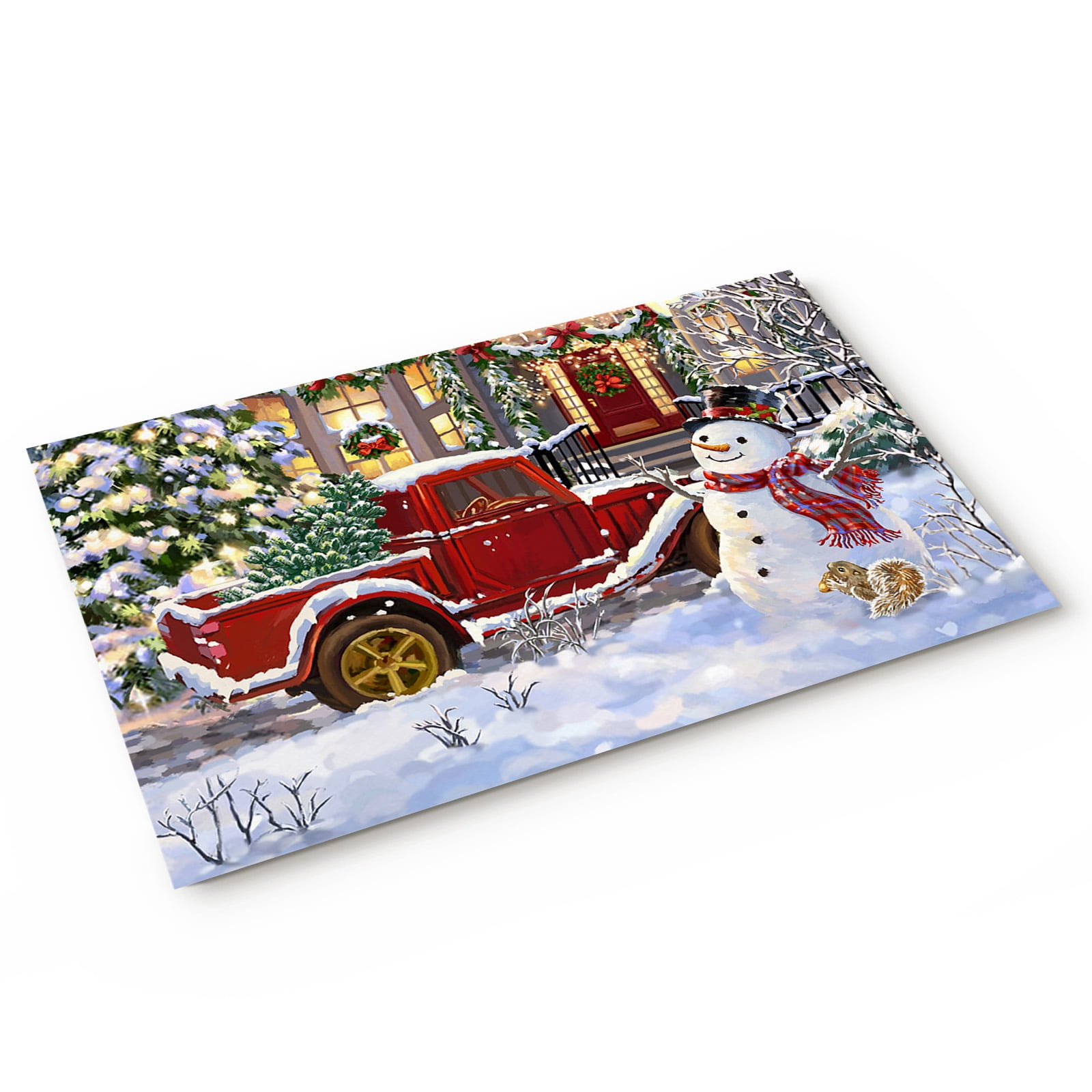 Front Door Mat Indoor Entrance, Merry Christmas Happy Snowman Red Truck