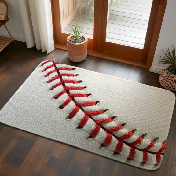 Front Door Mat Indoor Outdoor 19.7"x31.5", Baseball Absorbent Non Slip Welcome Mat, Red White Texture Sports Ball Minimalist Low Profile Entryway Rug for Front Entrance Porch Back Door Patio