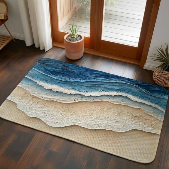 Front Door Mat Indoor Outdoor 19.7"x31.5", Blue Beach Coastal Absorbent Non Slip Welcome Mat, Nautical Seaside Ocean Beige Low Profile Entryway Rug for Front Entrance Porch Back Door Patio