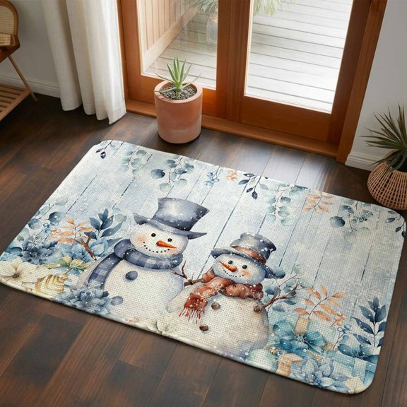 Front Door Mat Indoor Outdoor 19.7"x31.5", Blue Snowman Christmas Absorbent Non Slip Welcome Mat, Vintage Botanical Xmas Snowflake Low Profile Entryway Rug for Front Entrance Porch Back Door Patio